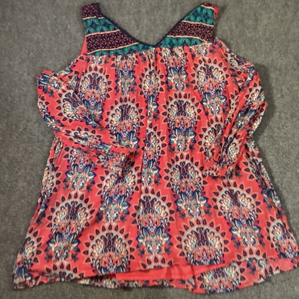 Red Camel Vibrant Red and Teal Blouse